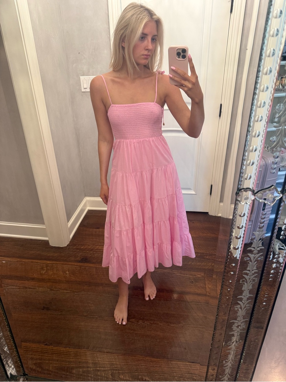 Altard state Pink Spaghetti-Strap Tiered Summer Dress